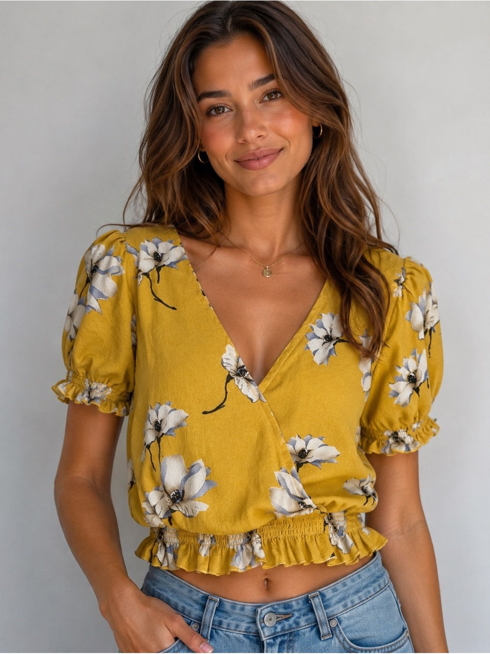 one clothing Yellow Floral Wrap Top with Puff Sleeves